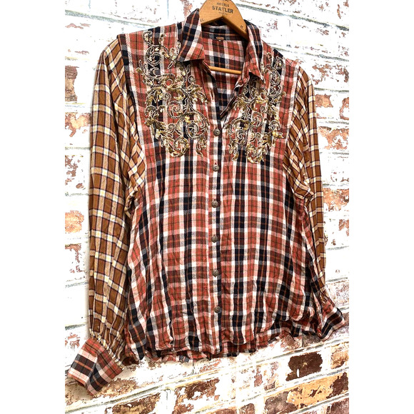Free People Gold Embroidery Copper Two Tone Plaid Flowing Button Down Blouse - Picture 3 of 10